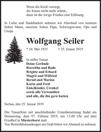 Traueranzeige von Wolfgang Seiler  von Magdeburger Volksstimme