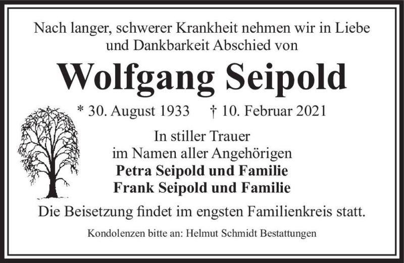  Traueranzeige für Wolfgang Seipold  vom 20.02.2021 aus Magdeburger Volksstimme