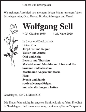 Traueranzeige von Wolfgang Sell  von Magdeburger Volksstimme