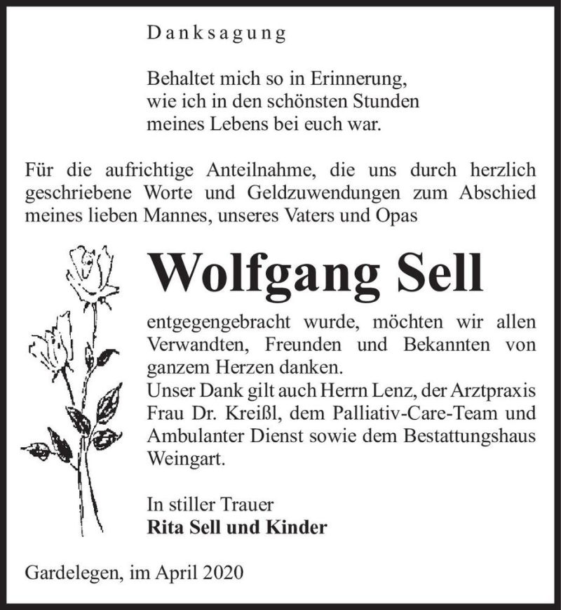  Traueranzeige für Wolfgang Sell  vom 18.04.2020 aus Magdeburger Volksstimme