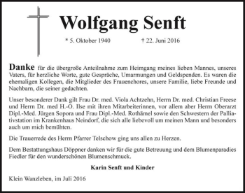 Traueranzeige von Wolfgang Senft  von Magdeburger Volksstimme