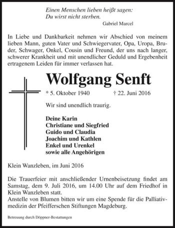 Traueranzeige von Wolfgang Senft  von Magdeburger Volksstimme