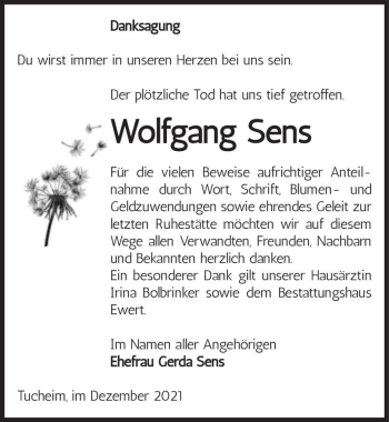 Traueranzeige von Wolfgang Sens  von Magdeburger Volksstimme