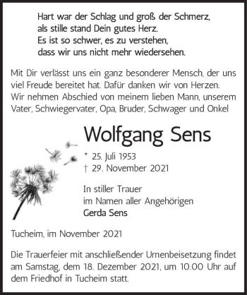 Traueranzeige von Wolfgang Sens  von Magdeburger Volksstimme