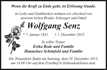 Traueranzeige von Wolfgang Senz  von Magdeburger Volksstimme