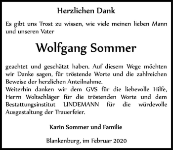 Traueranzeige von Wolfgang Sommer  von Magdeburger Volksstimme