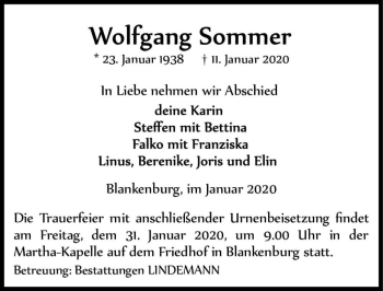Traueranzeige von Wolfgang Sommer  von Magdeburger Volksstimme