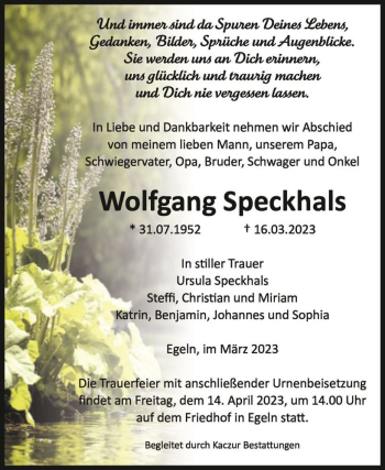 Traueranzeige von Wolfgang Speckhals  von Magdeburger Volksstimme