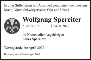 Traueranzeige von Wolfgang Spereiter  von Magdeburger Volksstimme