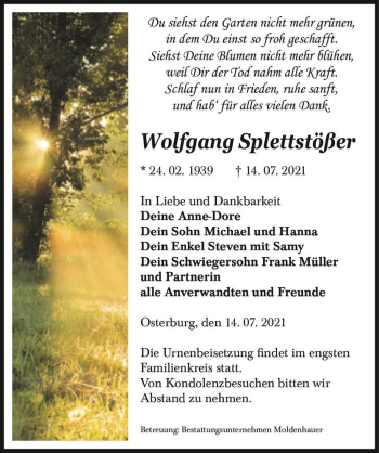 Traueranzeige von Wolfgang Splettstößer  von Magdeburger Volksstimme
