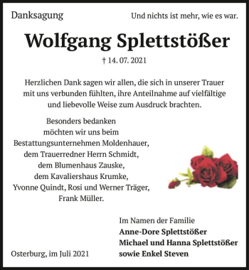 Traueranzeige von Wolfgang Splettstößer  von Magdeburger Volksstimme