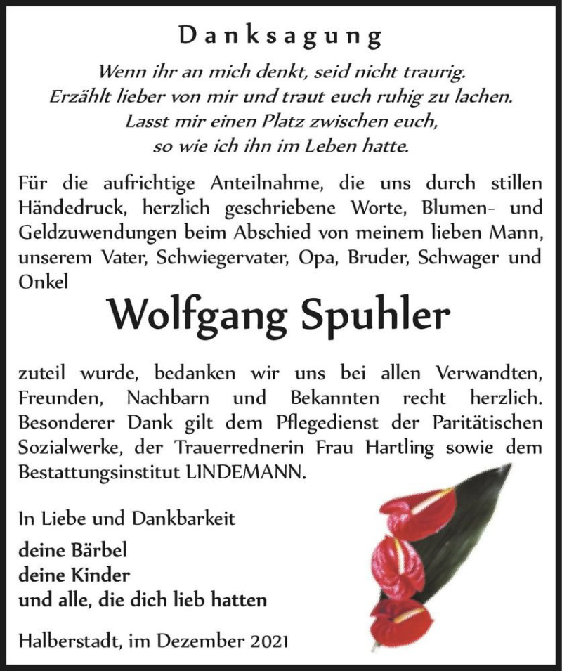  Traueranzeige für Wolfgang Spuhler  vom 08.01.2022 aus Magdeburger Volksstimme