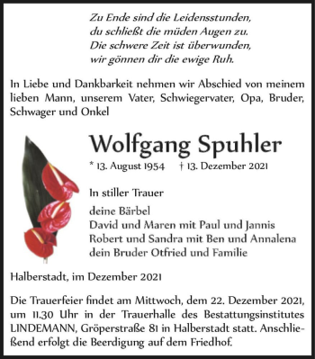 Traueranzeige von Wolfgang Spuhler  von Magdeburger Volksstimme