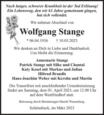 Traueranzeige von Wolfgang Stange  von Magdeburger Volksstimme