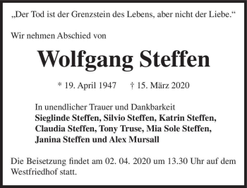 Traueranzeige von Wolfgang Steffen  von Magdeburger Volksstimme