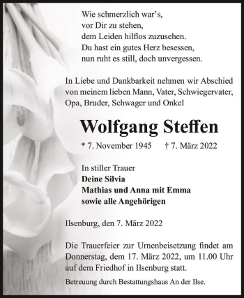 Traueranzeige von Wolfgang Steffen  von Magdeburger Volksstimme