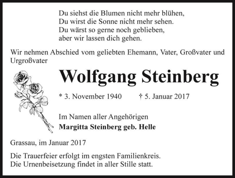  Traueranzeige für Wolfgang Steinberg  vom 10.01.2017 aus Magdeburger Volksstimme