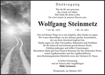 Traueranzeige von Wolfgang Steinmetz  von Magdeburger Volksstimme