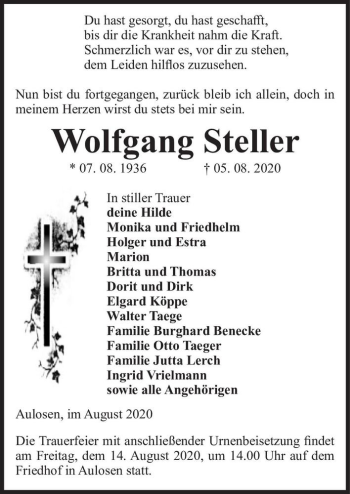 Traueranzeige von Wolfgang Steller  von Magdeburger Volksstimme