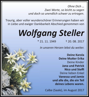 Traueranzeige von Wolfgang Steller  von Magdeburger Volksstimme