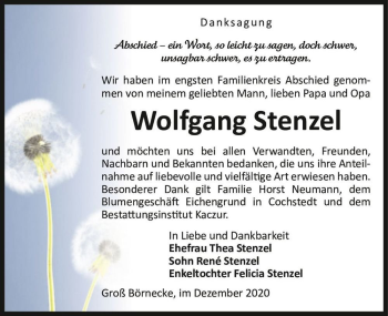 Traueranzeige von Wolfgang Stenzel  von Magdeburger Volksstimme