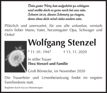 Traueranzeige von Wolfgang Stenzel  von Magdeburger Volksstimme