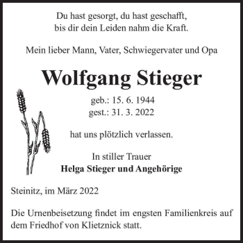 Traueranzeige von Wolfgang Stieger  von Magdeburger Volksstimme