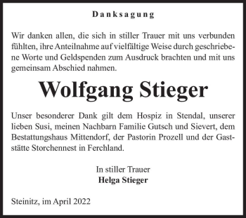 Traueranzeige von Wolfgang Stieger  von Magdeburger Volksstimme
