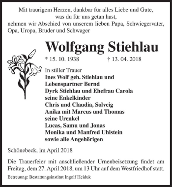 Traueranzeige von Wolfgang Stiehlau  von Magdeburger Volksstimme