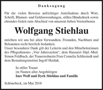 Traueranzeige von Wolfgang Stiehlau  von Magdeburger Volksstimme