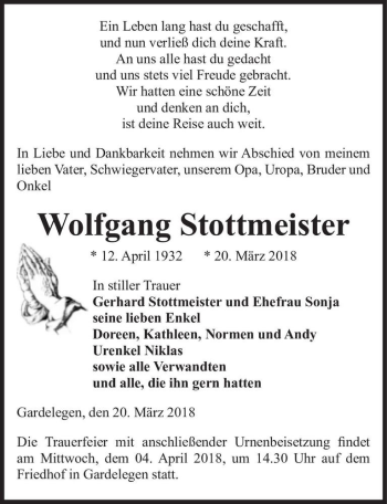 Traueranzeige von Wolfgang Stottmeister  von Magdeburger Volksstimme