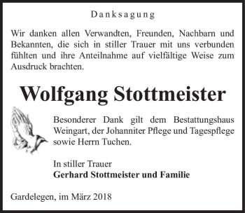 Traueranzeige von Wolfgang Stottmeister  von Magdeburger Volksstimme