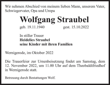 Traueranzeige von Wolfgang Straubel  von Magdeburger Volksstimme