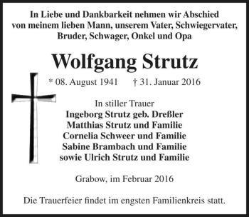 Traueranzeige von Wolfgang Strutz  von Magdeburger Volksstimme