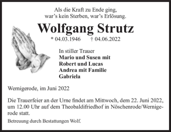 Traueranzeige von Wolfgang Strutz  von Magdeburger Volksstimme