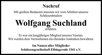 Traueranzeige von Wolfgang Suchland  von Magdeburger Volksstimme