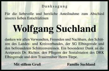 Traueranzeige von Wolfgang Suchland  von Magdeburger Volksstimme