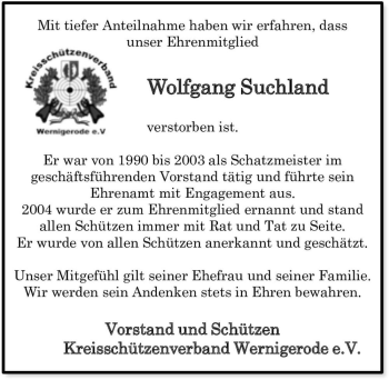 Traueranzeige von Wolfgang Suchland  von Magdeburger Volksstimme