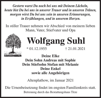 Traueranzeige von Wolfgang Suhl  von Magdeburger Volksstimme