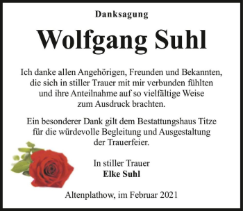 Traueranzeige von Wolfgang Suhl  von Magdeburger Volksstimme