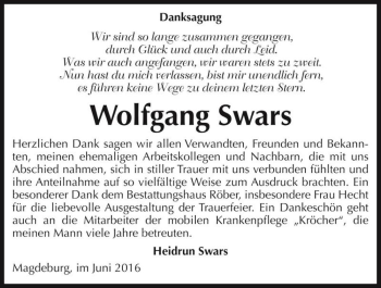 Traueranzeige von Wolfgang Swars  von Magdeburger Volksstimme
