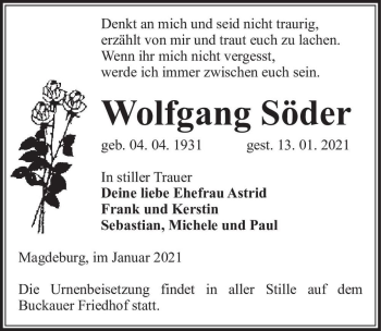 Traueranzeige von Wolfgang Söder  von Magdeburger Volksstimme
