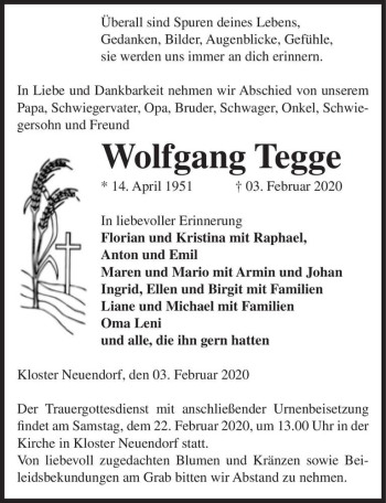 Traueranzeige von Wolfgang Tegge  von Magdeburger Volksstimme