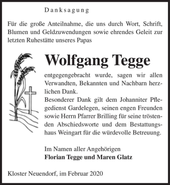 Traueranzeige von Wolfgang Tegge  von Magdeburger Volksstimme
