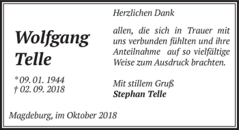Traueranzeige von Wolfgang Telle  von Magdeburger Volksstimme