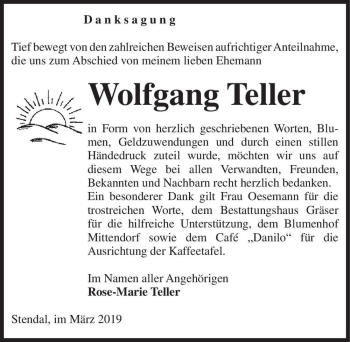 Traueranzeige von Wolfgang Teller  von Magdeburger Volksstimme