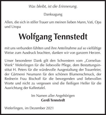 Traueranzeige von Wolfgang Tennstedt  von Magdeburger Volksstimme