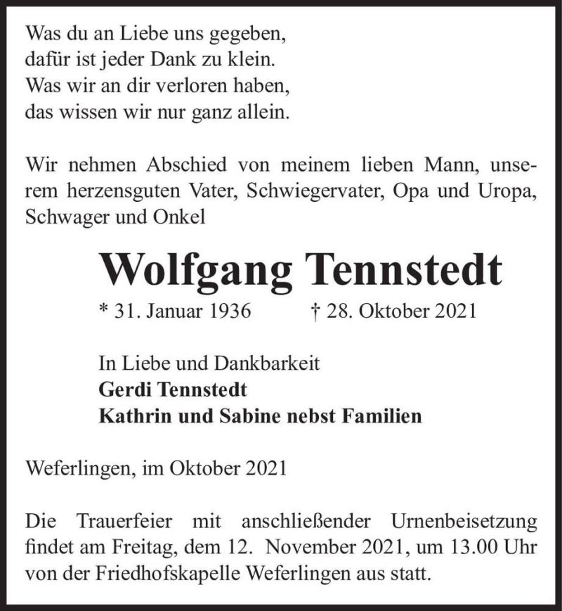  Traueranzeige für Wolfgang Tennstedt  vom 30.10.2021 aus Magdeburger Volksstimme