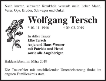 Traueranzeige von Wolfgang Tersch  von Magdeburger Volksstimme