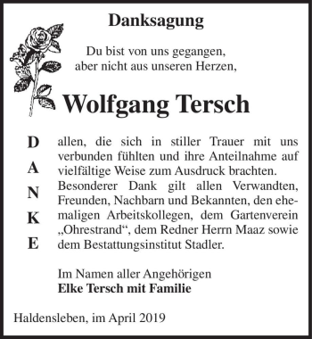 Traueranzeige von Wolfgang Tersch  von Magdeburger Volksstimme